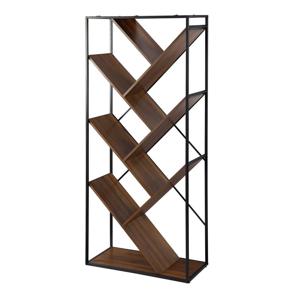Dark Walnut Wood and Metal 6-Shelf V Bookcase H722