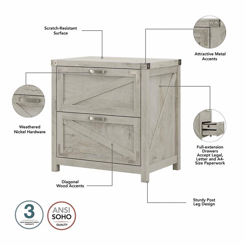 2 Person Farmhouse Desk Set with Lateral File Cabinet in Cottage White I95830