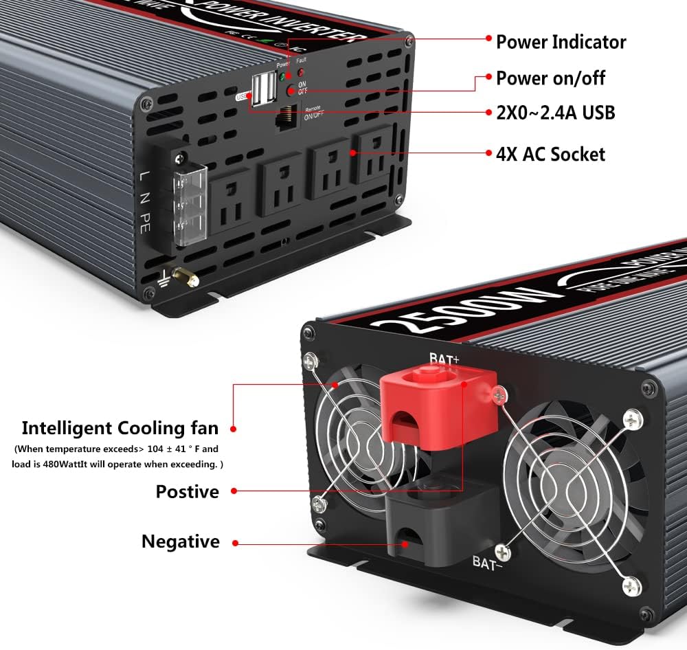 Pure Sine Wave Power Inverter 12V to 120V 2500 Watts Surge 5000 Watts with Remote Control and Starter Cables C482