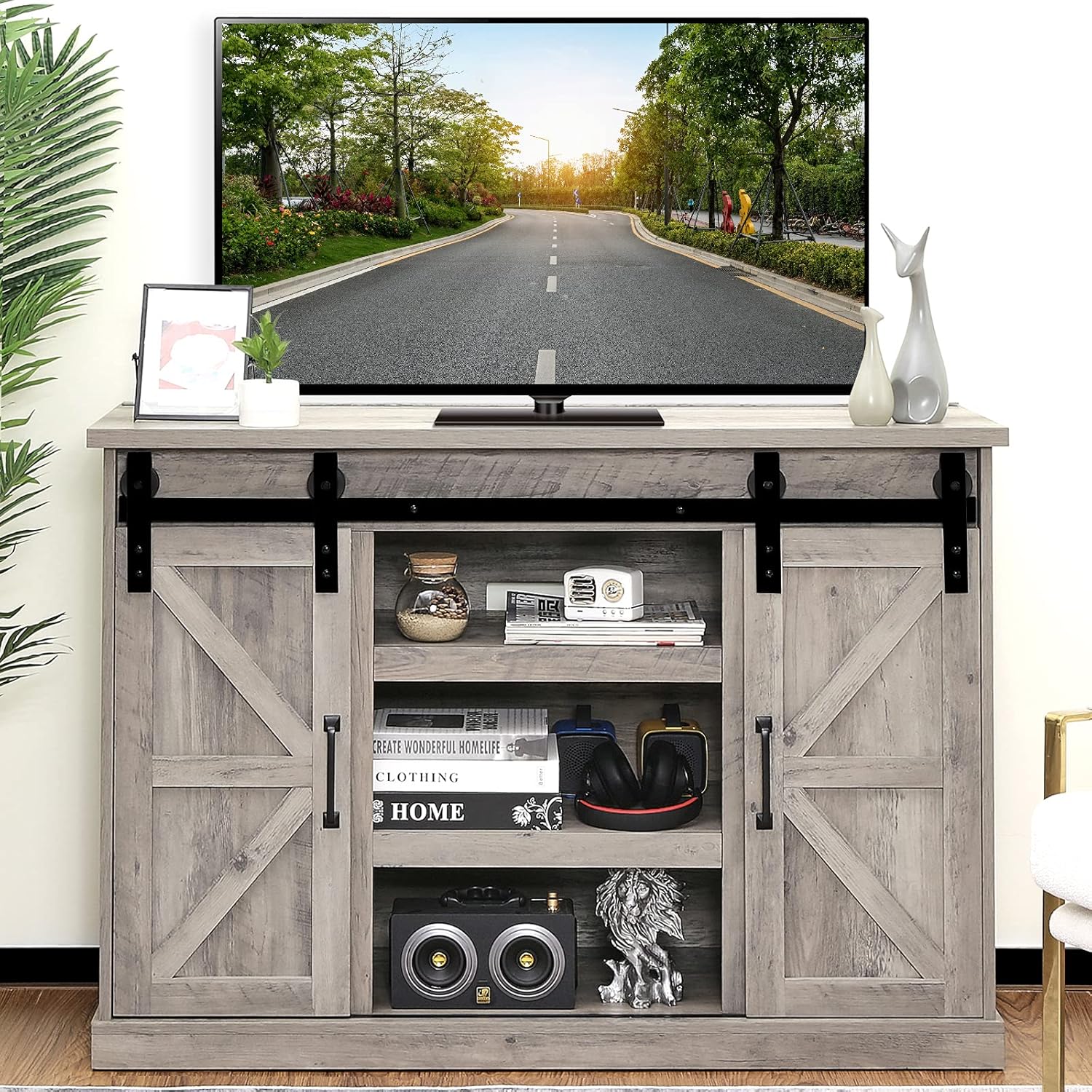 Espresso Sliding Barn Door TV Stand with Adjustable Shelves O428091