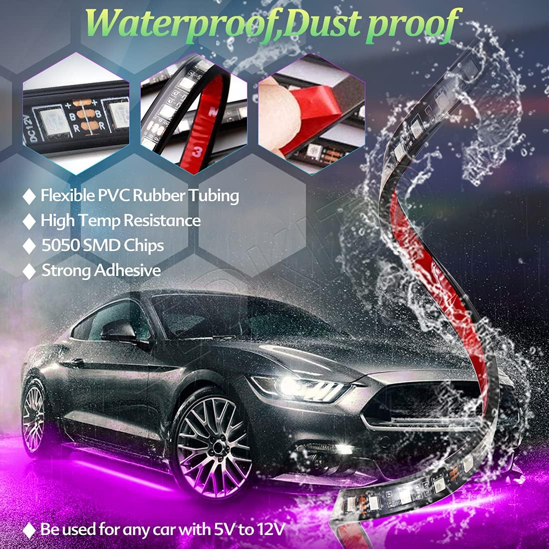 Car LED Underglow Lights Kit 4PCS+4PCS Underbody Neon Accent Lights with APP Bluetooth Remote Control DC12V RGB O751586