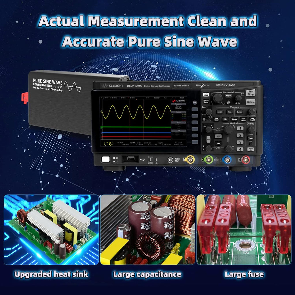 600W Pure Sine Wave Power Inverter DC 12V to AC 110V-130V with LCD Display and Wireless Remote Control G2394