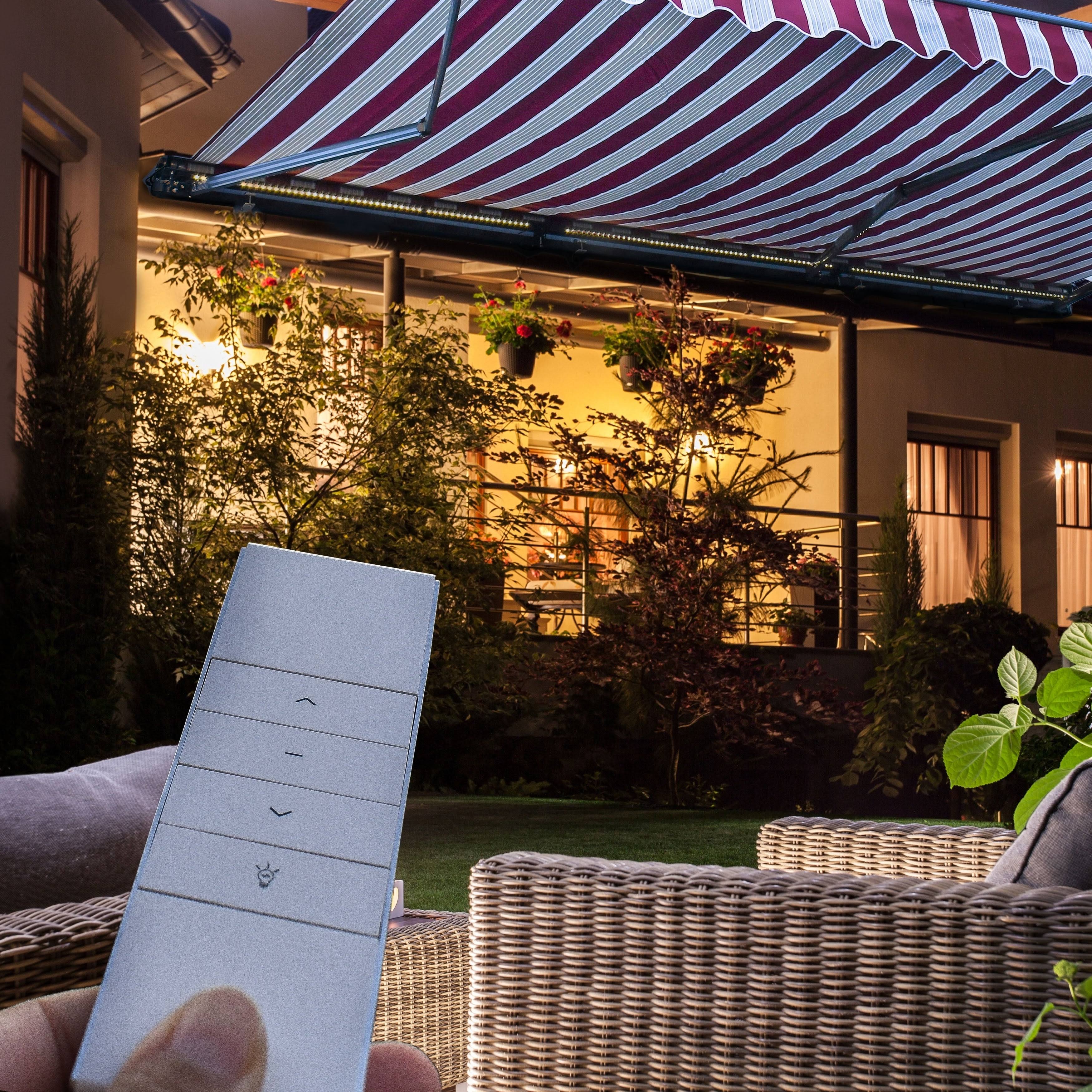 Motorized LED 12 x 10 ft. Half Cassette Retractable Awning Multi-Stripe Green V387086