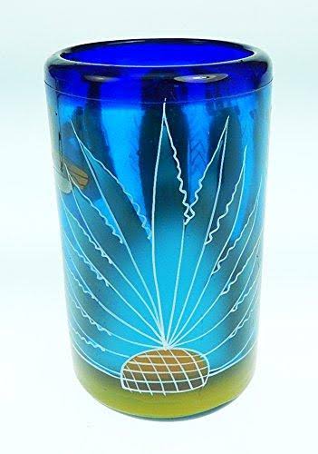 Blue Hand Blown Glasses and Pitcher Set with Display Rack E56240