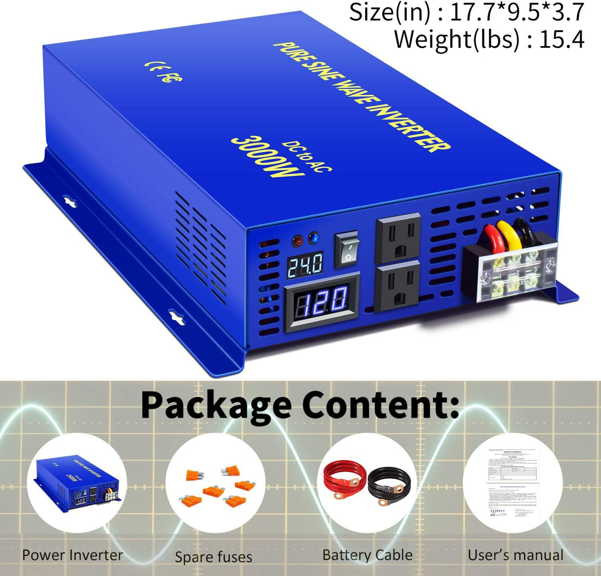 3000W Pure Sine Wave Power Inverter 24V to 110V 120V with Wireless Remote Switch A695