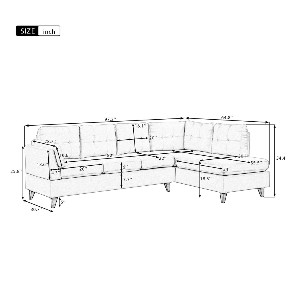 Beige Linen Fabric Sectional Sofa with Lumbar Pad G30272