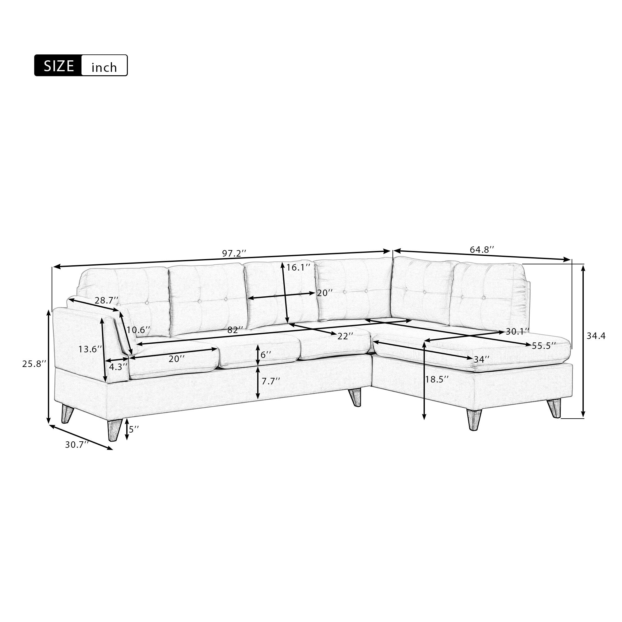 Beige Linen Fabric Sectional Sofa with Lumbar Pad G30272