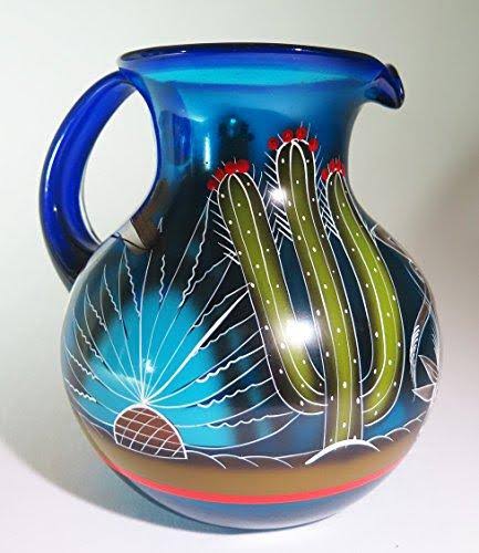 Blue Hand Blown Glasses and Pitcher Set with Display Rack E56240