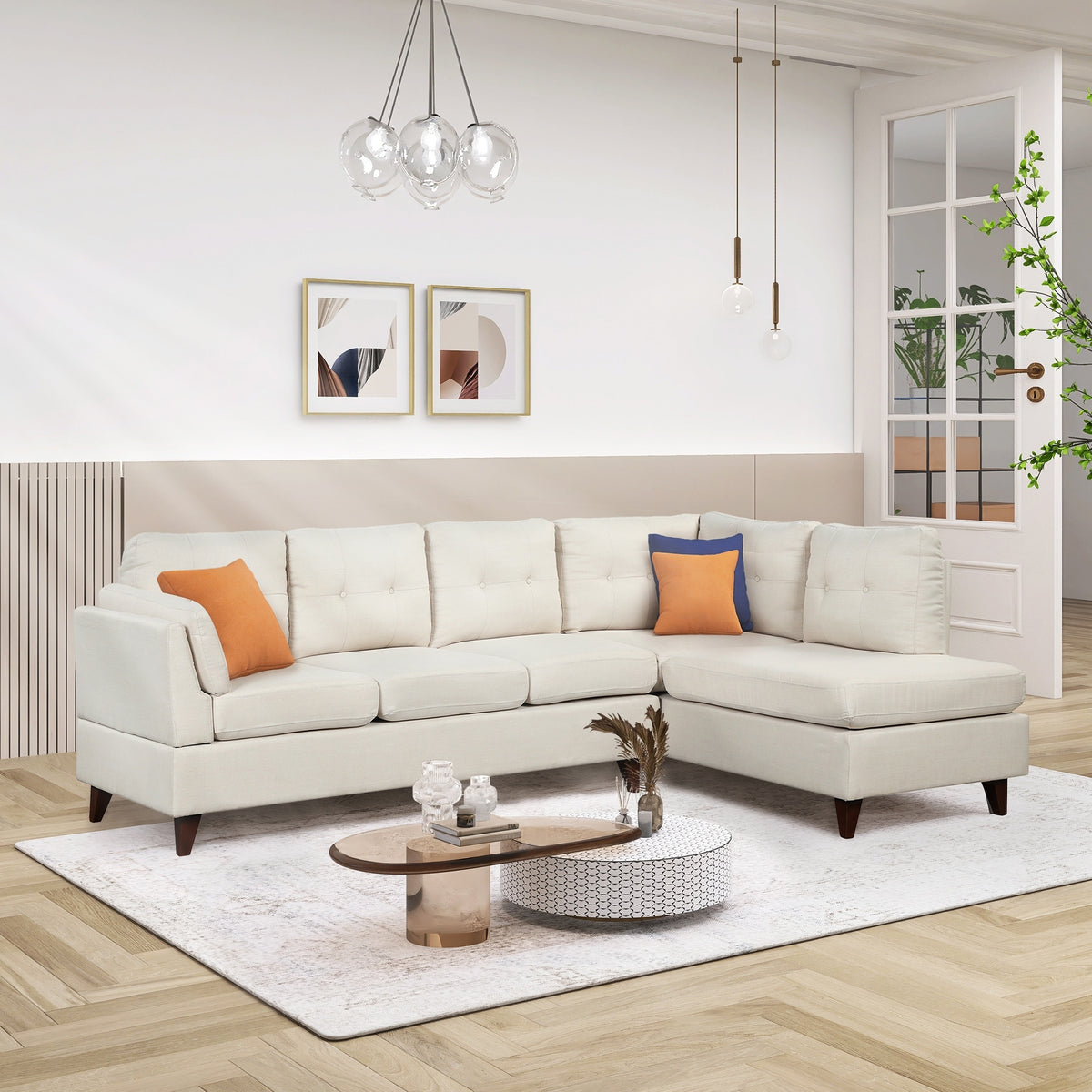 Beige Linen Fabric Sectional Sofa with Lumbar Pad G30272