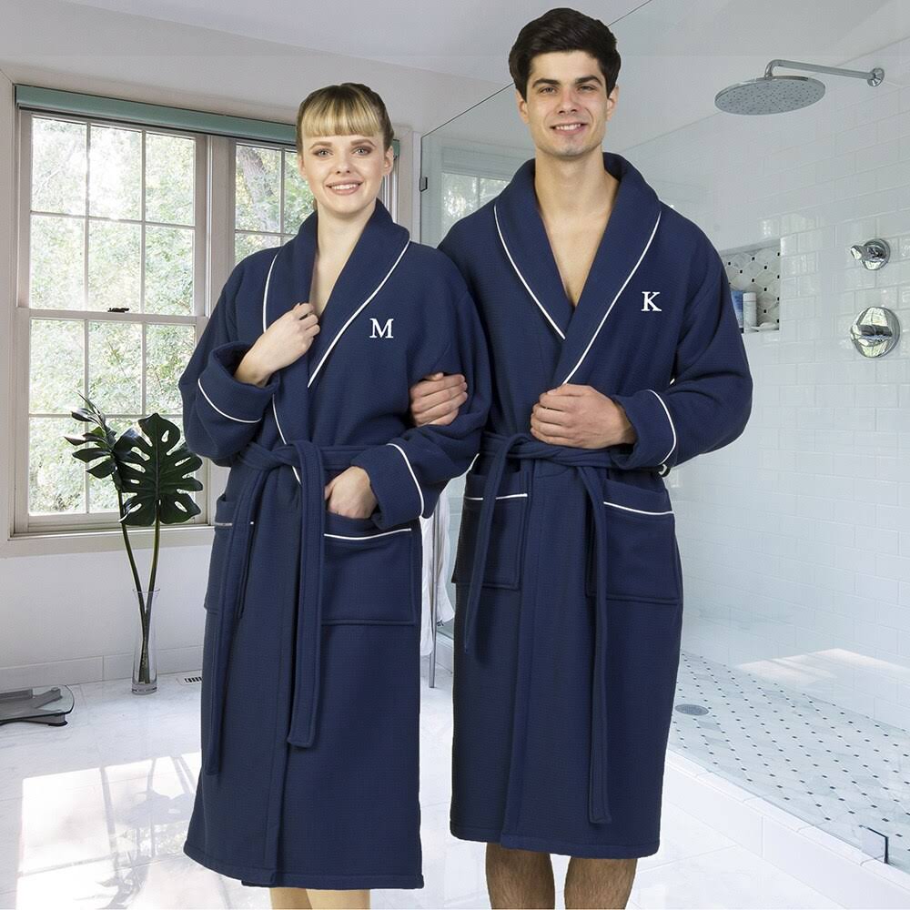 Navy Turkish Cotton Waffle Terry Bathrobe with Satin Piped Trim L984913