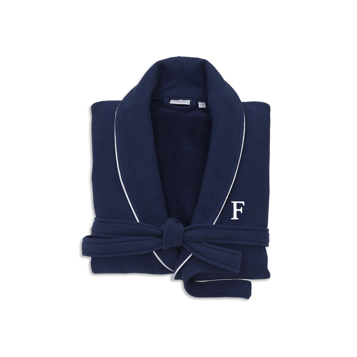 Navy Turkish Cotton Waffle Terry Bathrobe with Satin Piped Trim L984913