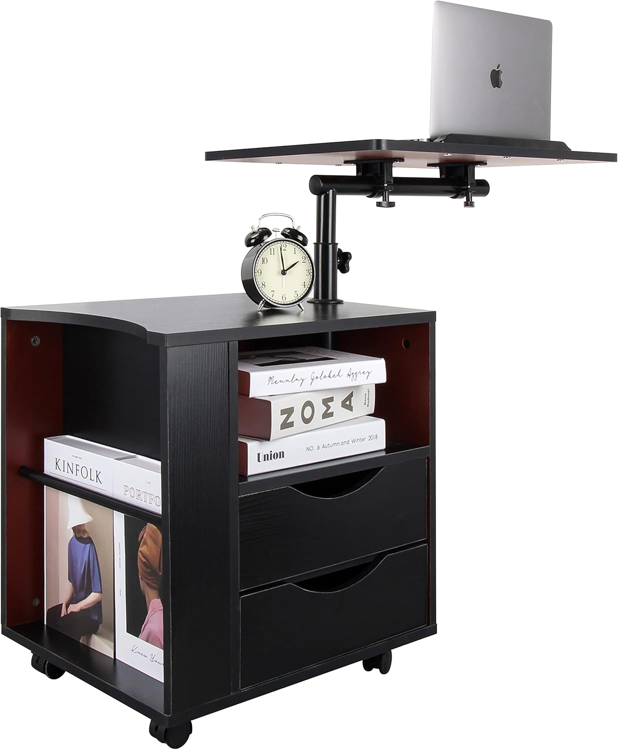Black Wooden Nightstand with Drawers and Wheels I588