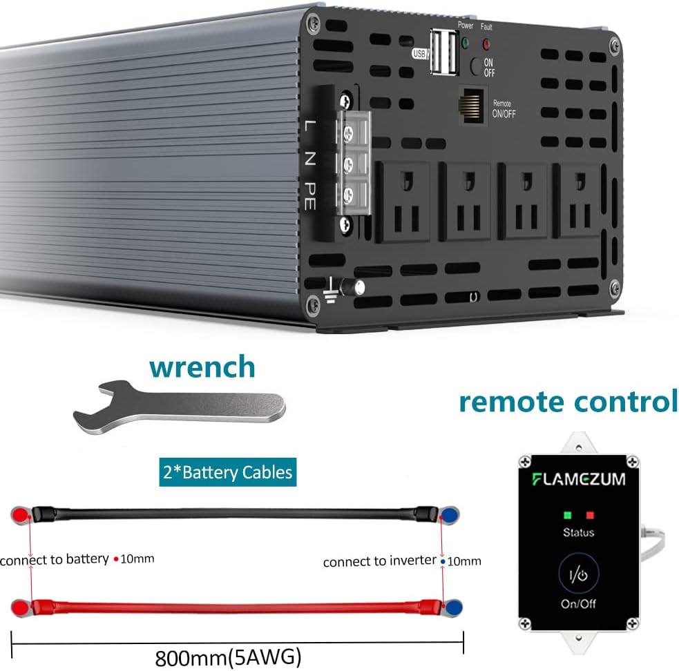 Pure Sine Wave Power Inverter 12V to 120V 2500 Watts Surge 5000 Watts with Remote Control and Starter Cables C482