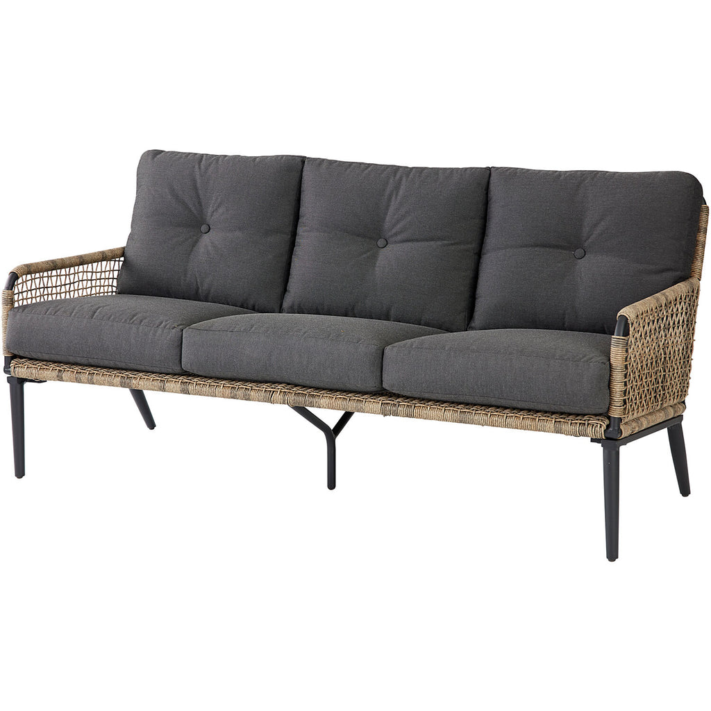 6-Piece Modern Outdoor Chat Set with Open Weave Wicker Sofa, 2 Side Chairs, 2 Ottomans, and Glass Top Coffee Table with Charcoal Plush Cushions R7865