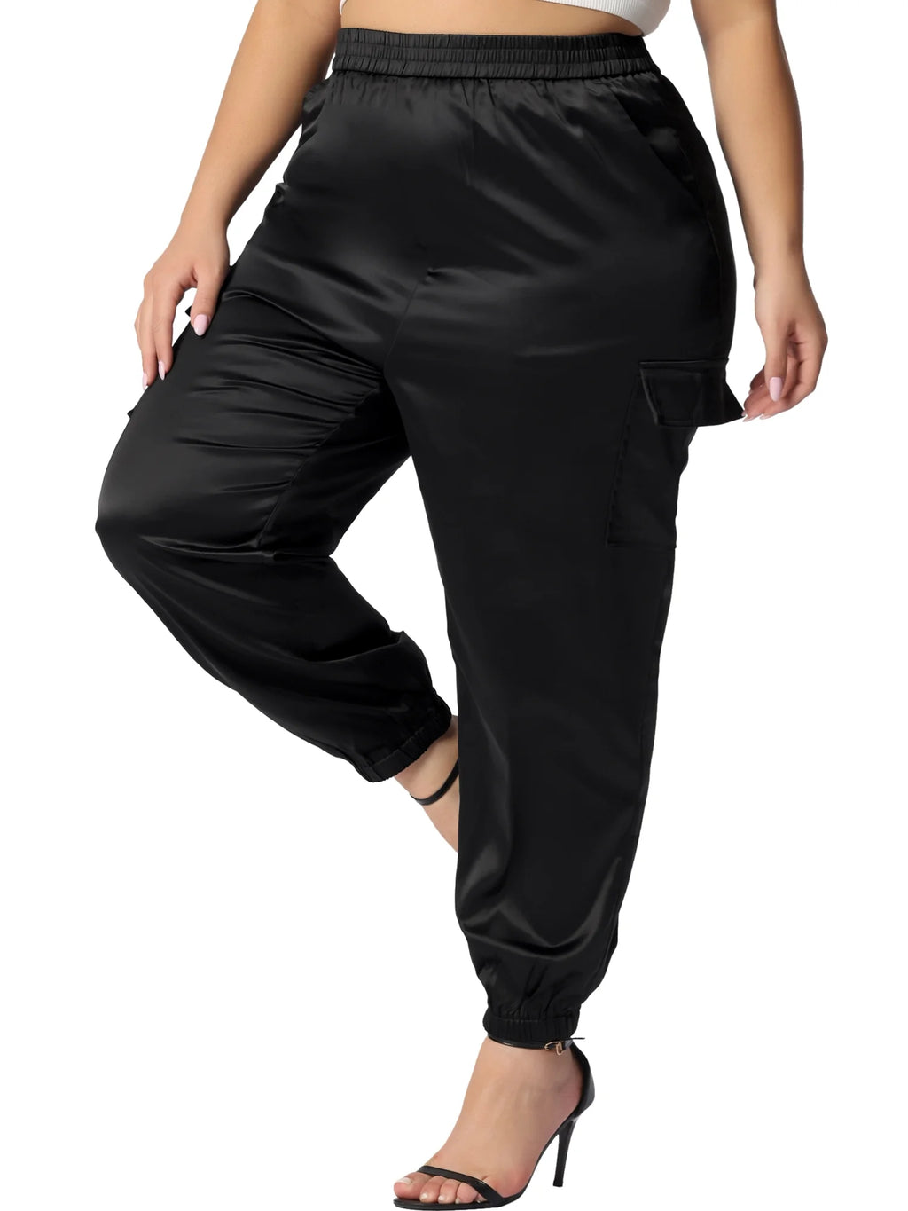 Plus Size Satin Elastic Waist Casual Joggers Cargo Pants Y75438