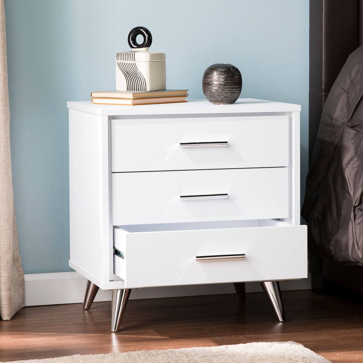White Chrome Finish Bedside Table with Drawers W67668