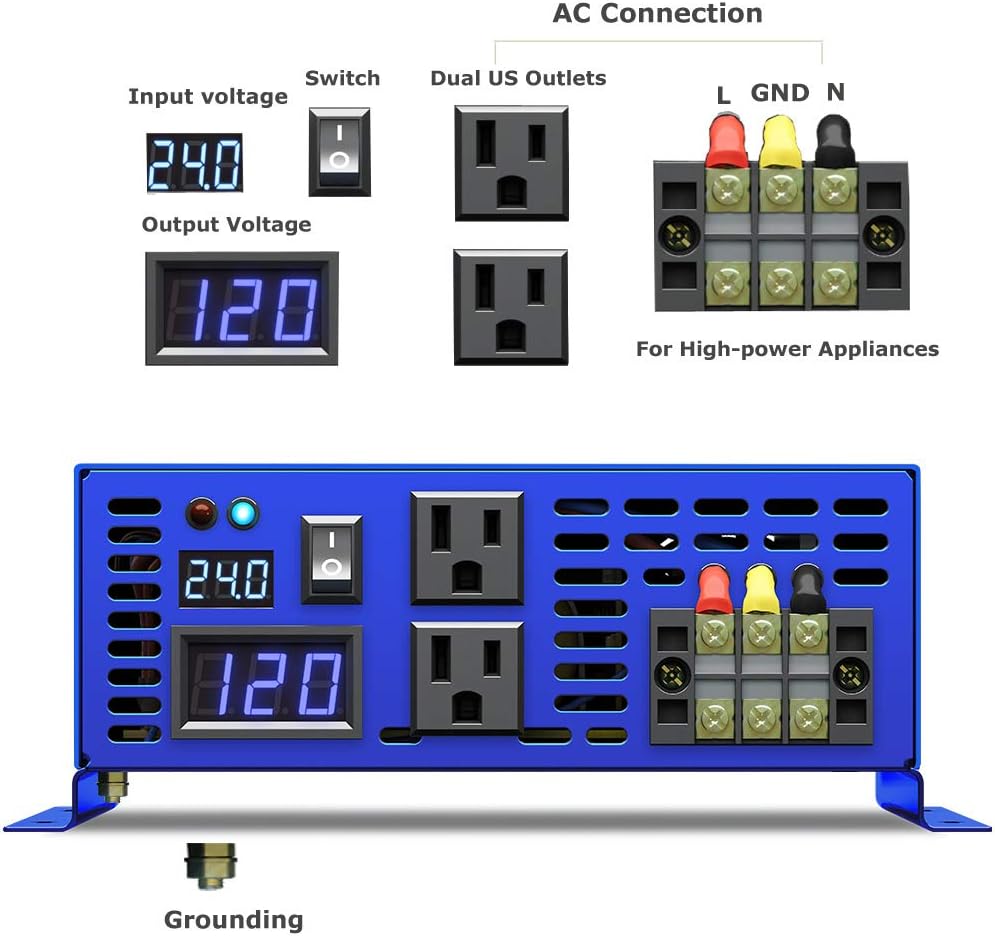 3000W Pure Sine Wave Power Inverter 24V to 110V 120V with Wireless Remote Switch A695