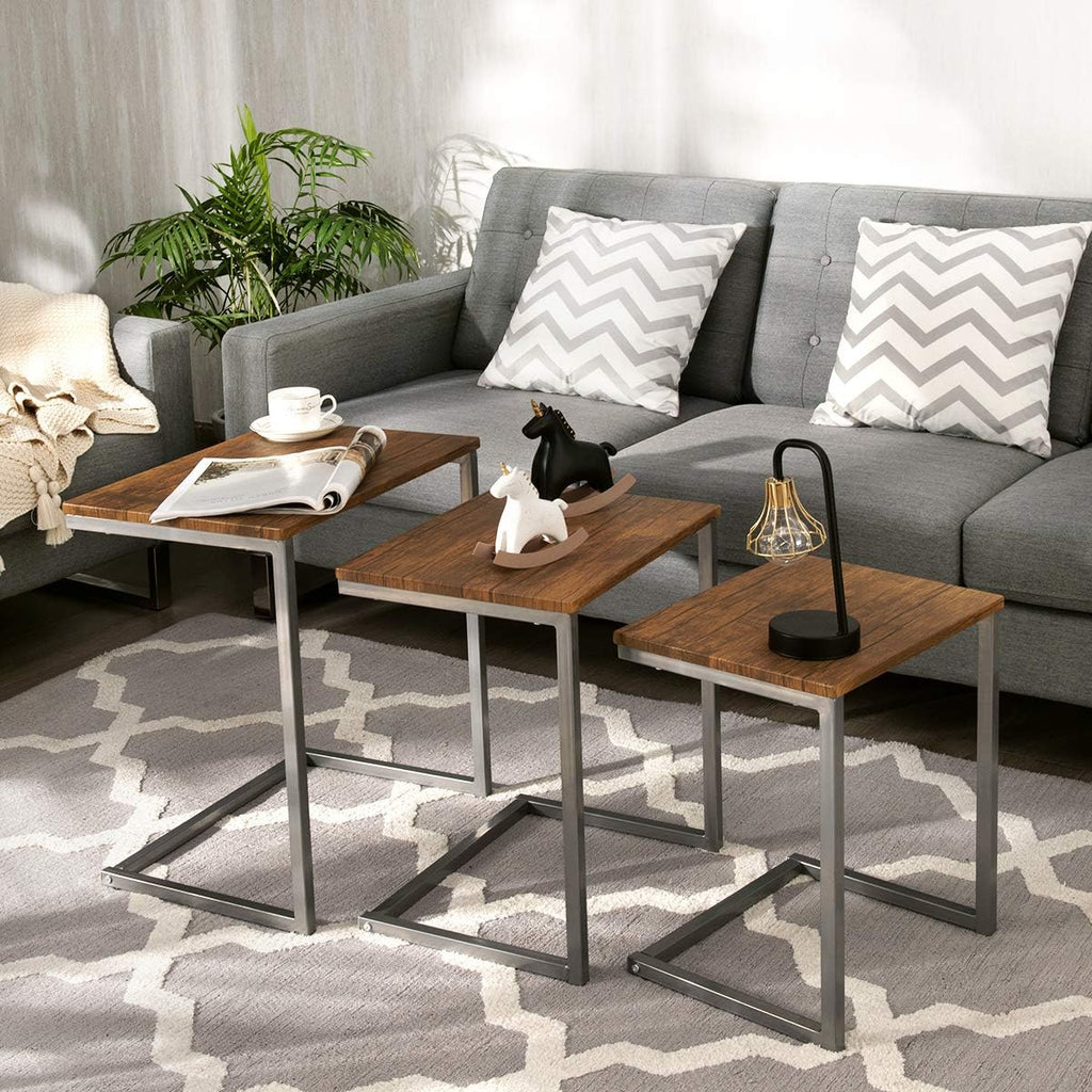 Walnut Nesting End Table, 3pcs Stacking Coffee Table with Metal Frame D453