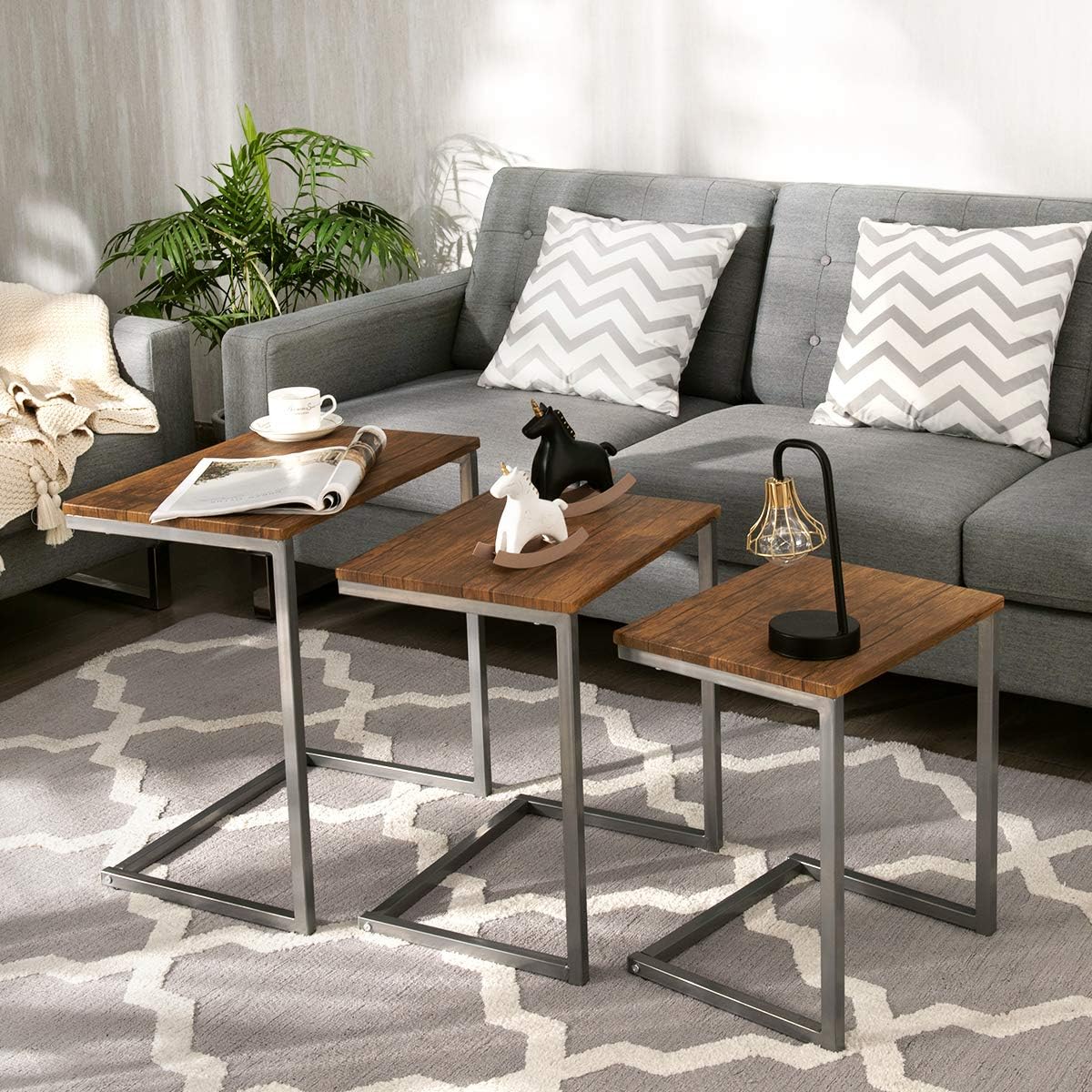 Walnut Nesting End Table, 3pcs Stacking Coffee Table with Metal Frame D453