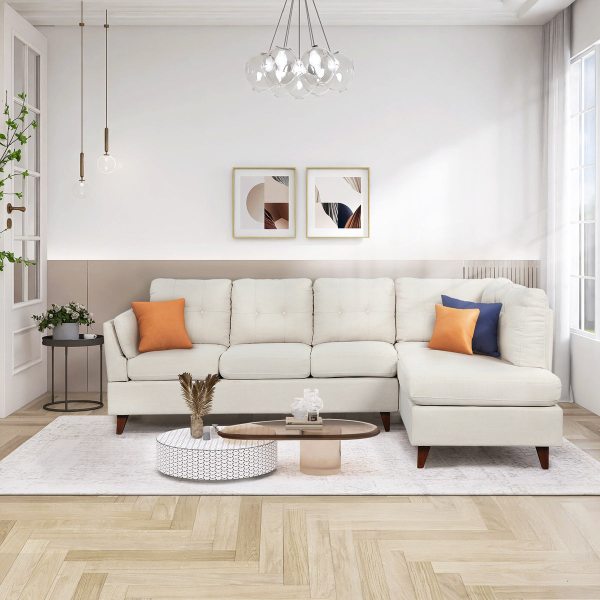 Beige Linen Fabric Sectional Sofa with Lumbar Pad G30272