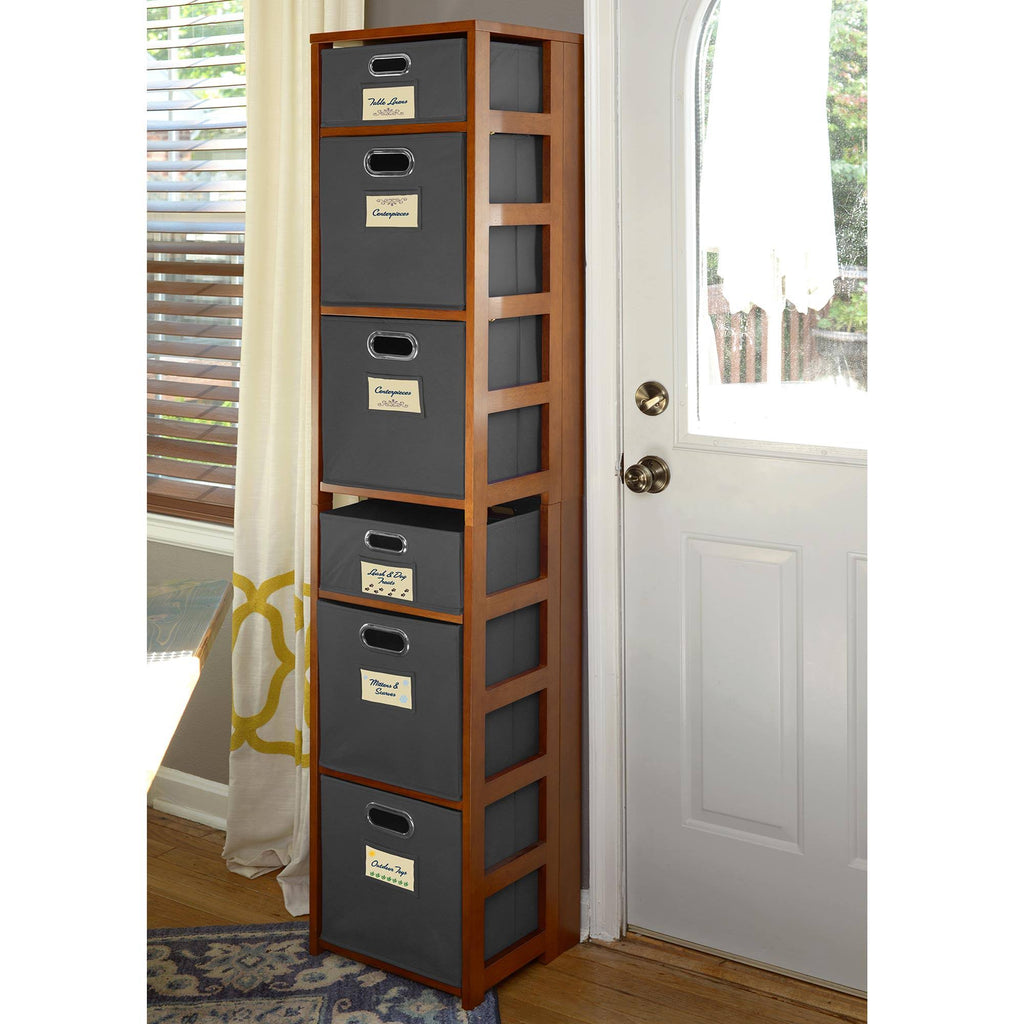 Cherry Grey Square Folding Bookcase with Fabric Bins D87731