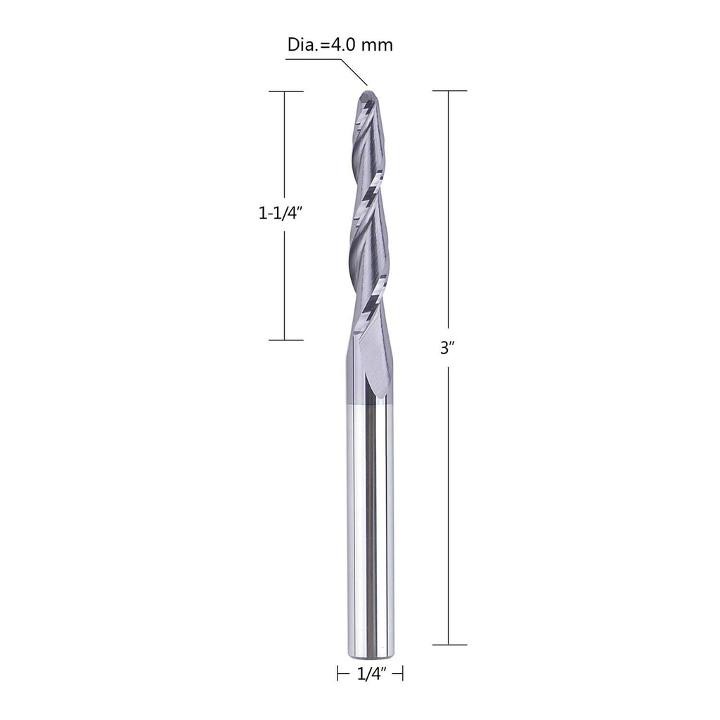 4Pcs Tapered End Mill Set 1/4 Shank 3 OVL Radius 4.0MM Tips Diameter CNC Router Bits W86777