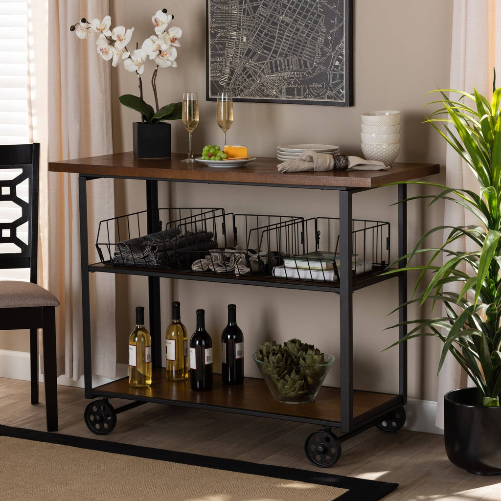 Walnut Brown Finished Wood and Black Finished Metal Console Cart A363426