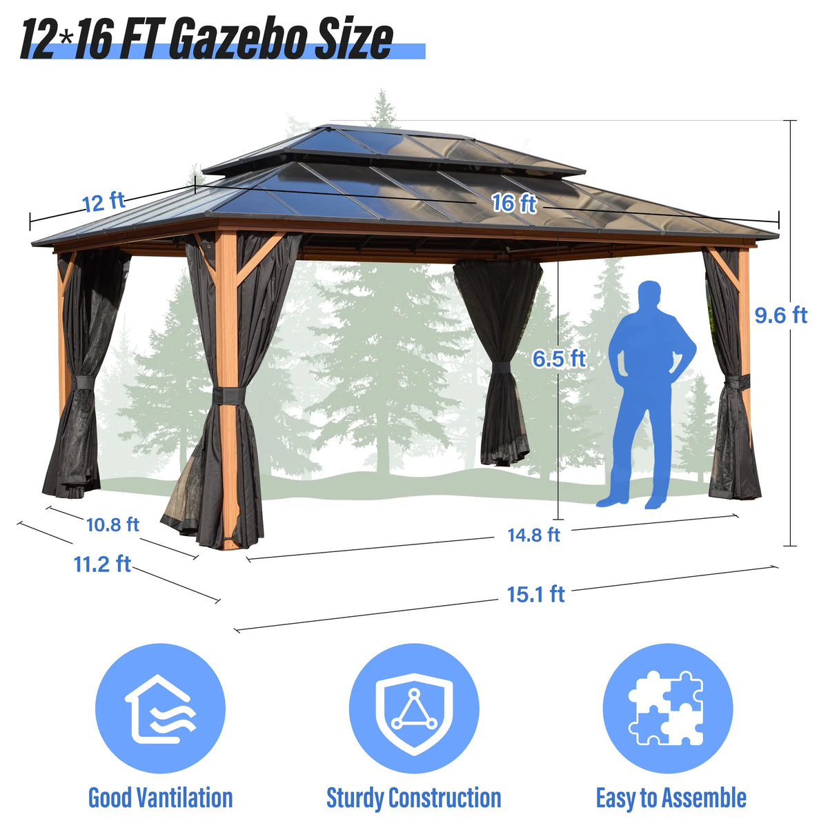 12'x 16' Hardtop Aluminum Gazebo with Double Polycarbonate Roof I146928