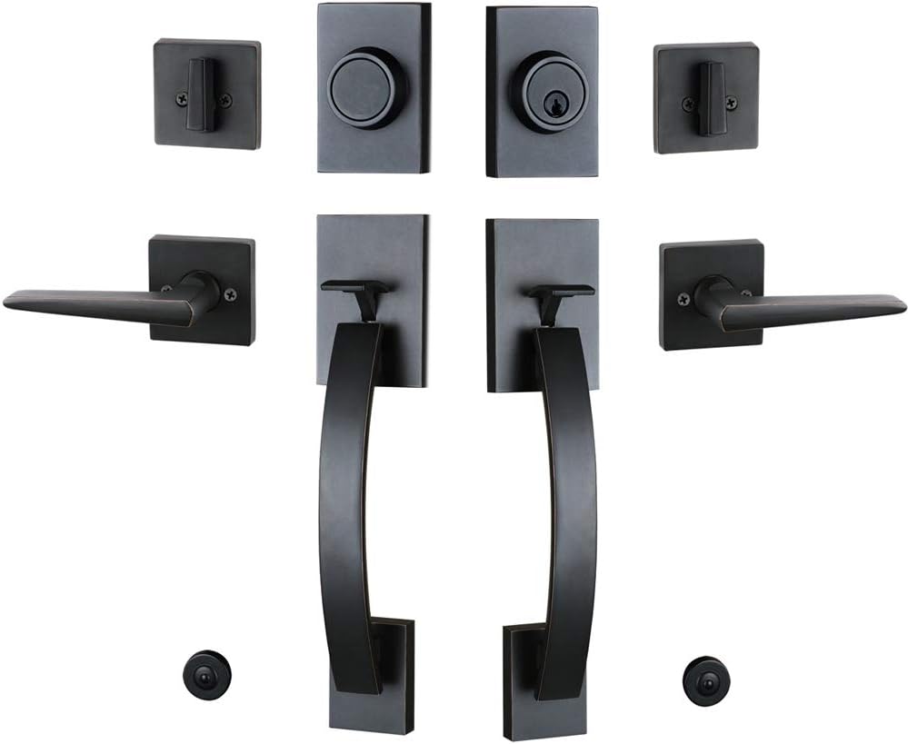 Double Door Handleset Brushed Nickel Finish Keyed Entry Handle and Dummy Handleset Set F56219