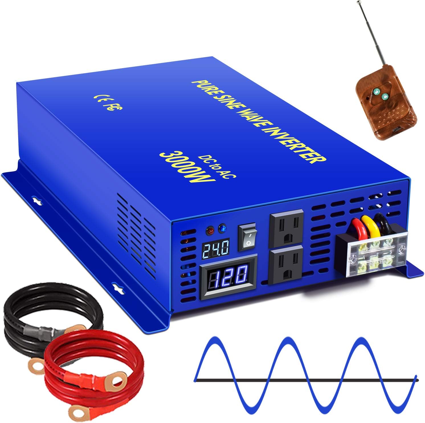 3000W Pure Sine Wave Power Inverter 24V to 110V 120V with Wireless Remote Switch A695