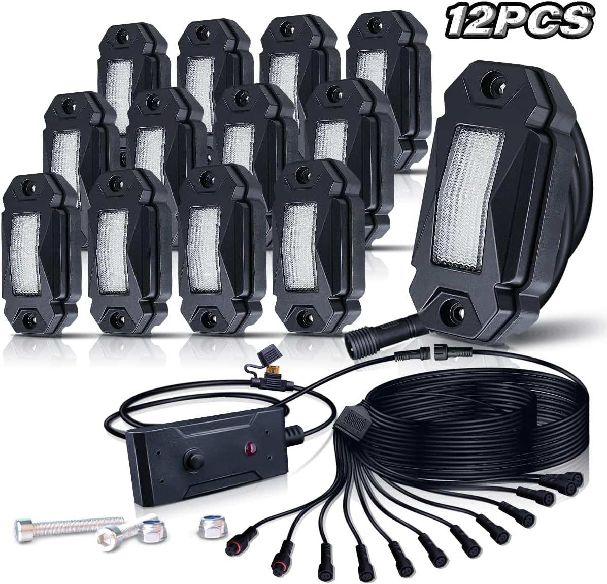 White LED Rock Lights Kit with 21ft Wiring Harness, 4PCS Waterproof, 12V~32V DC K387