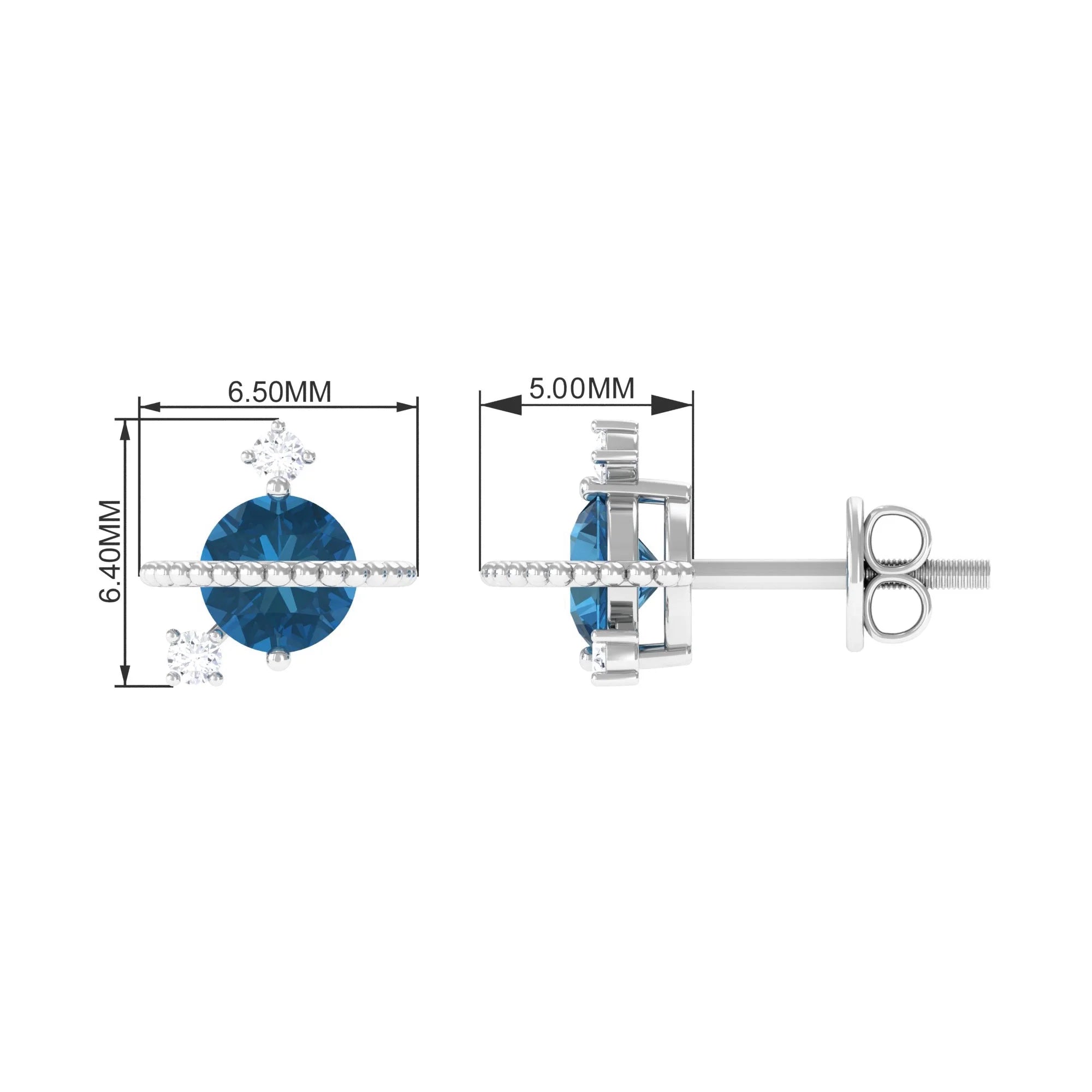 London Blue Topaz and Diamond Stud Earrings, 925 Sterling Silver P179