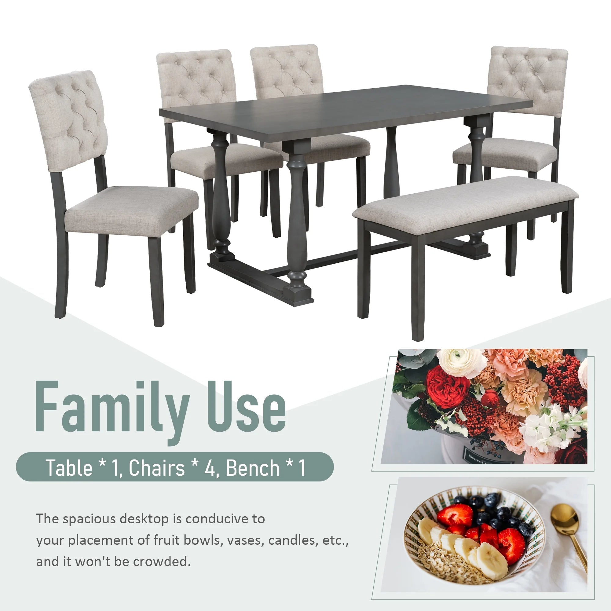 Rectangular Dining Table Set with Bench and 4 Upholstered Chairs T847989