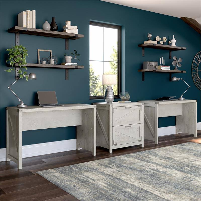 2 Person Farmhouse Desk Set with Lateral File Cabinet in Cottage White I95830