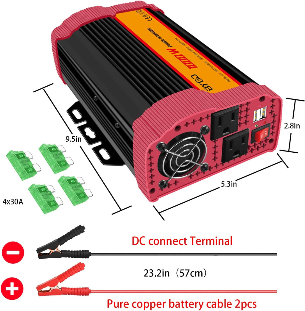 1000W Car Power Inverter DC 12V to 110V AC with 2 USB Ports C867