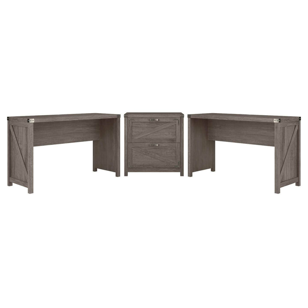 2 Person Farmhouse Desk Set with Lateral File Cabinet in Cottage White I95830