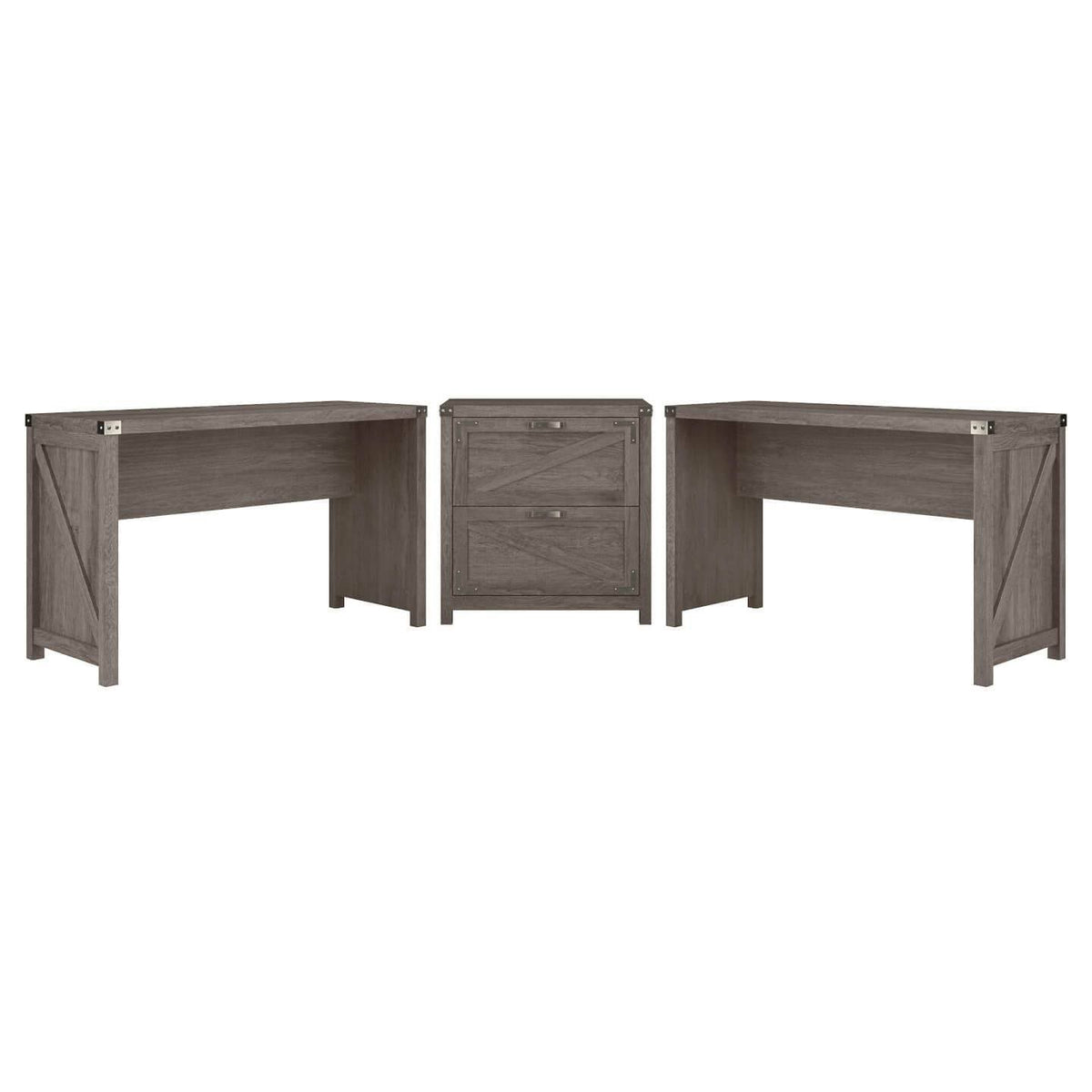 2 Person Farmhouse Desk Set with Lateral File Cabinet in Cottage White I95830