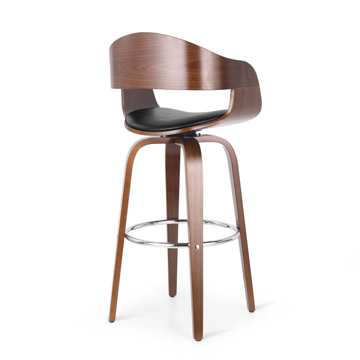 Midnight Black and Walnut Upholstered Swivel Barstool V30016