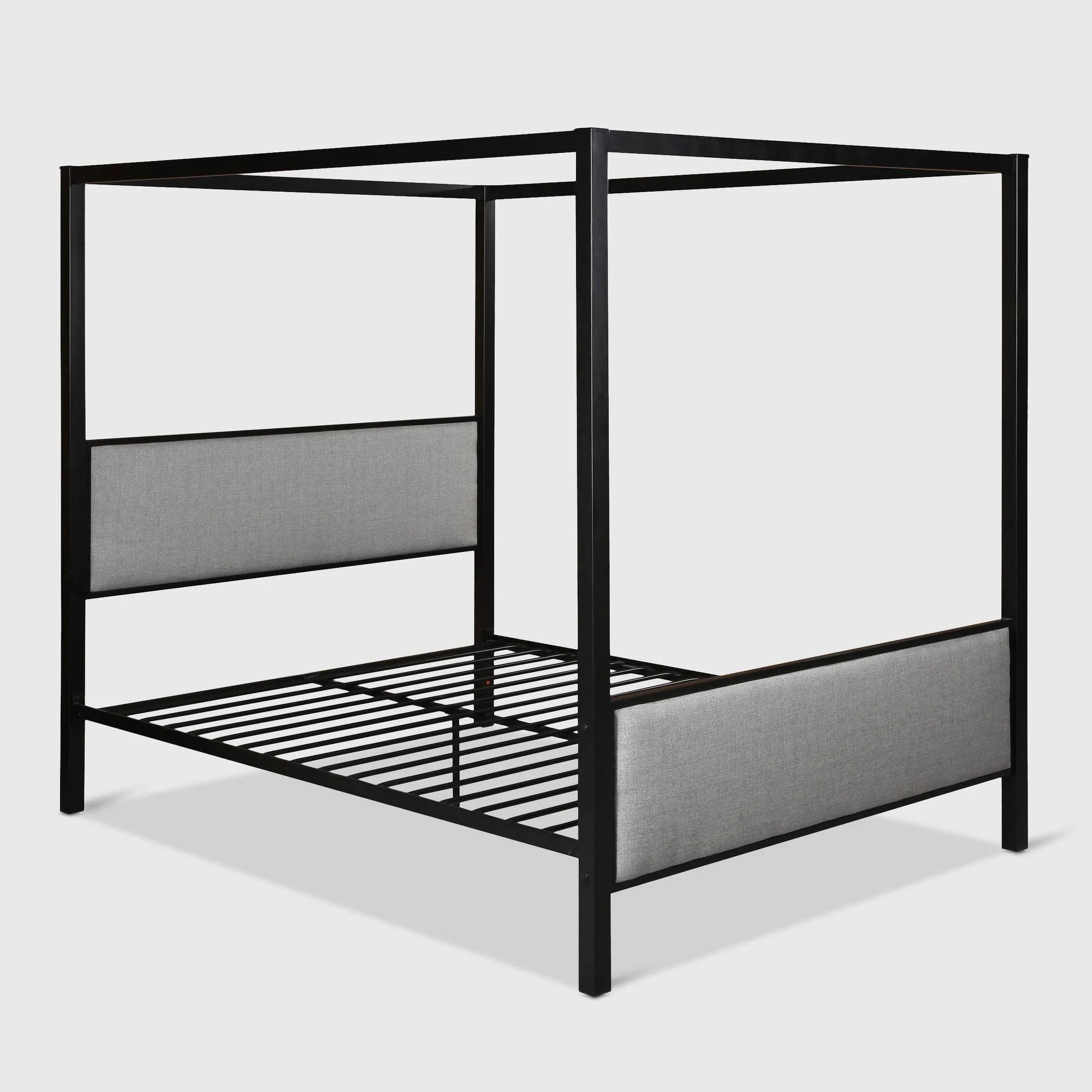 Traditional Fabric Canopy Queen Bed with Iron Frame Gray Flat Black P154