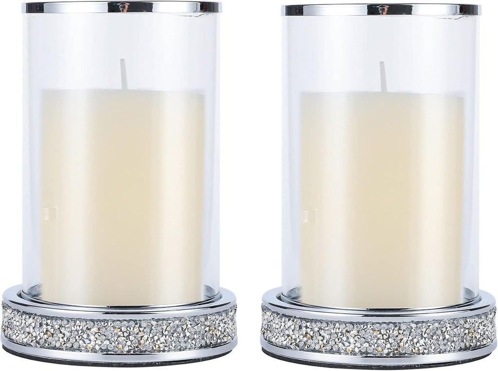 2 Pieces Silver Metal Candle Holder with Glass Hurricane Lid N3303