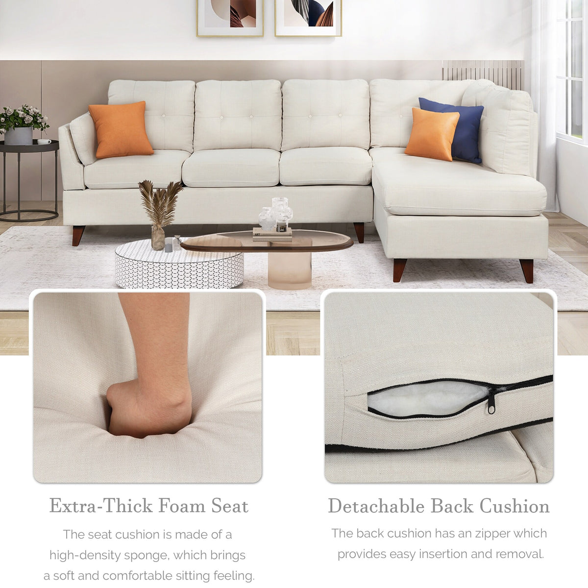 Beige Linen Fabric Sectional Sofa with Lumbar Pad G30272