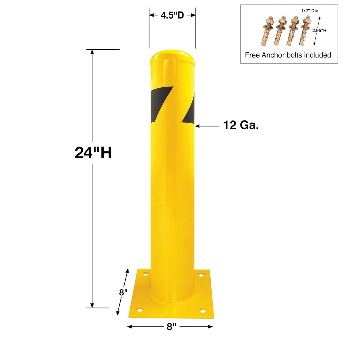 Steel Yellow Safety Barrier Bollard 24''Hx4.5''D, 12Ga, Base-8x8'', Pack of 2 G807