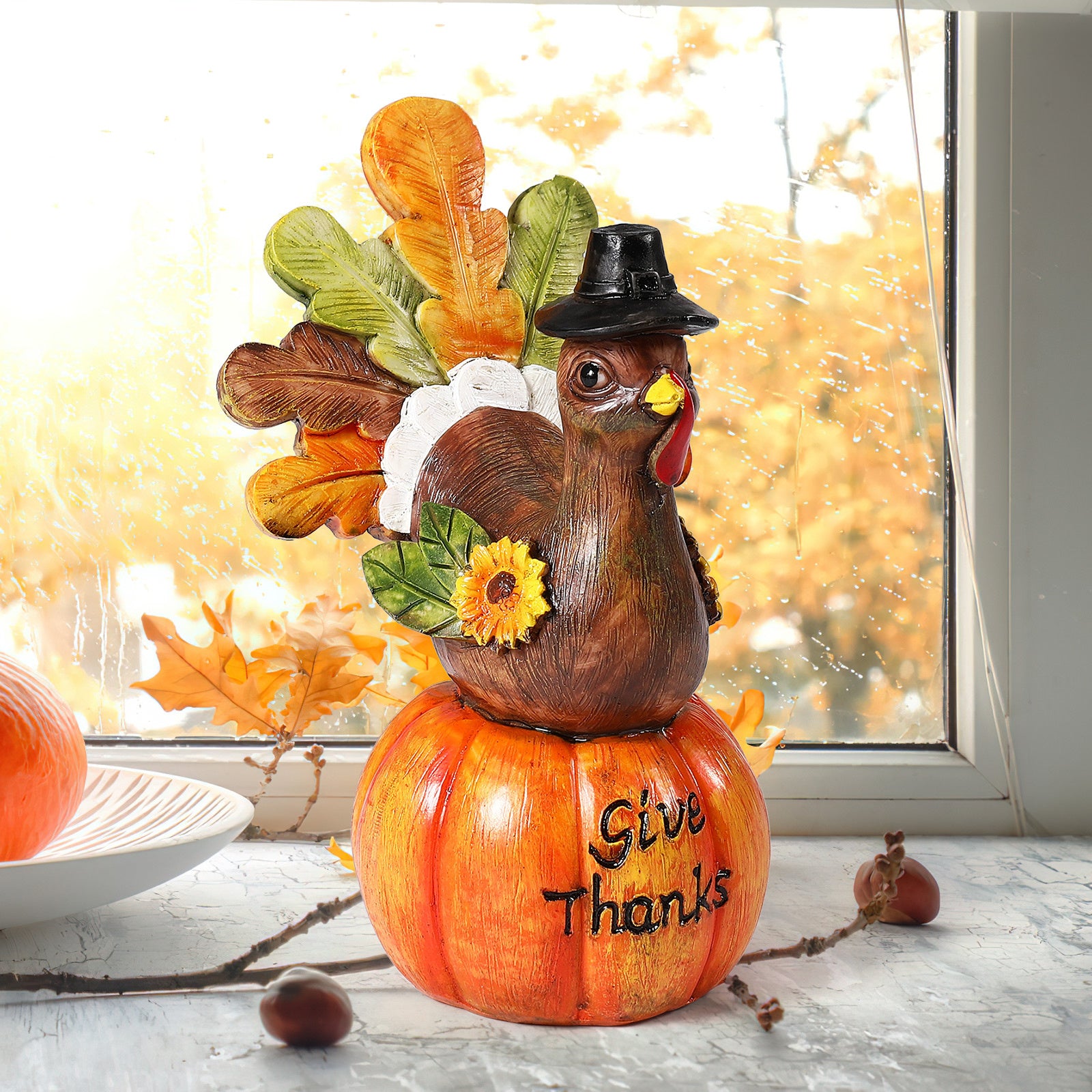 Hand-Painted Turkey Pumpkin Centerpiece Table Decoration with Artificial Maple Leaves F76885