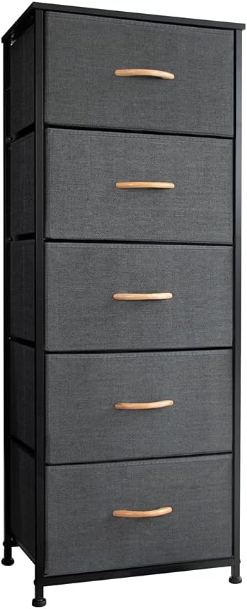 5 Drawers Fabric Bins Dresser with Steel Frame Wood Top Y329