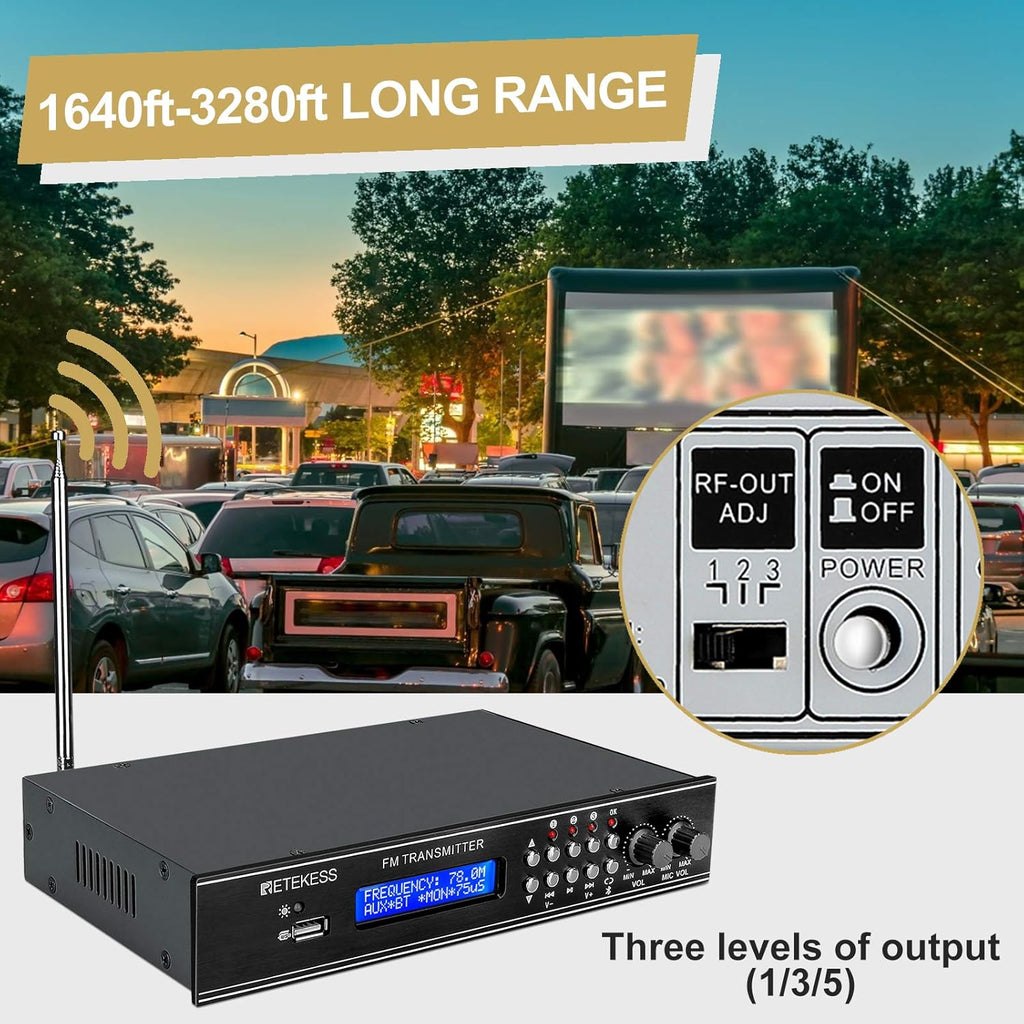 FM Transmitter with Dual Mic, 3 Preset Stations, USB Drive and RCA Inputs H373557