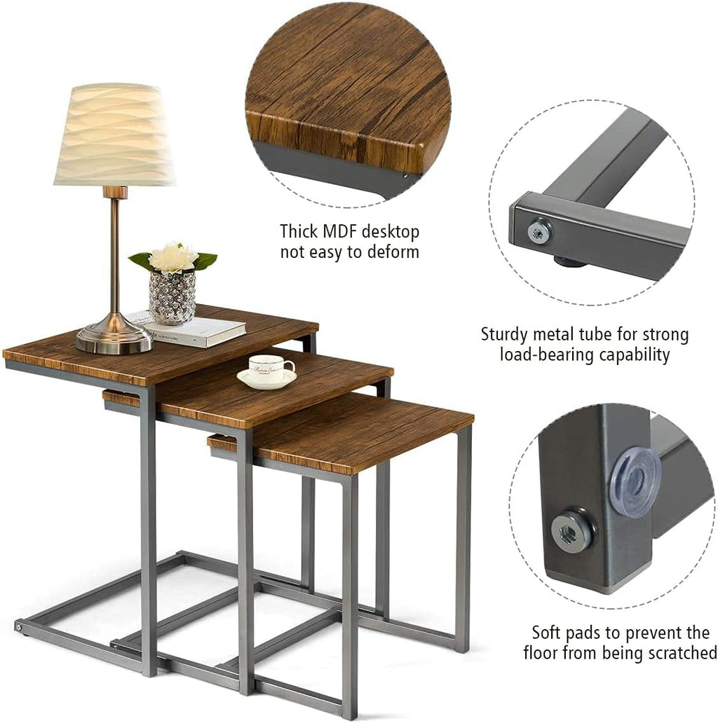 Walnut Nesting End Table, 3pcs Stacking Coffee Table with Metal Frame D453