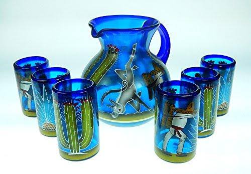 Blue Hand Blown Glasses and Pitcher Set with Display Rack E56240