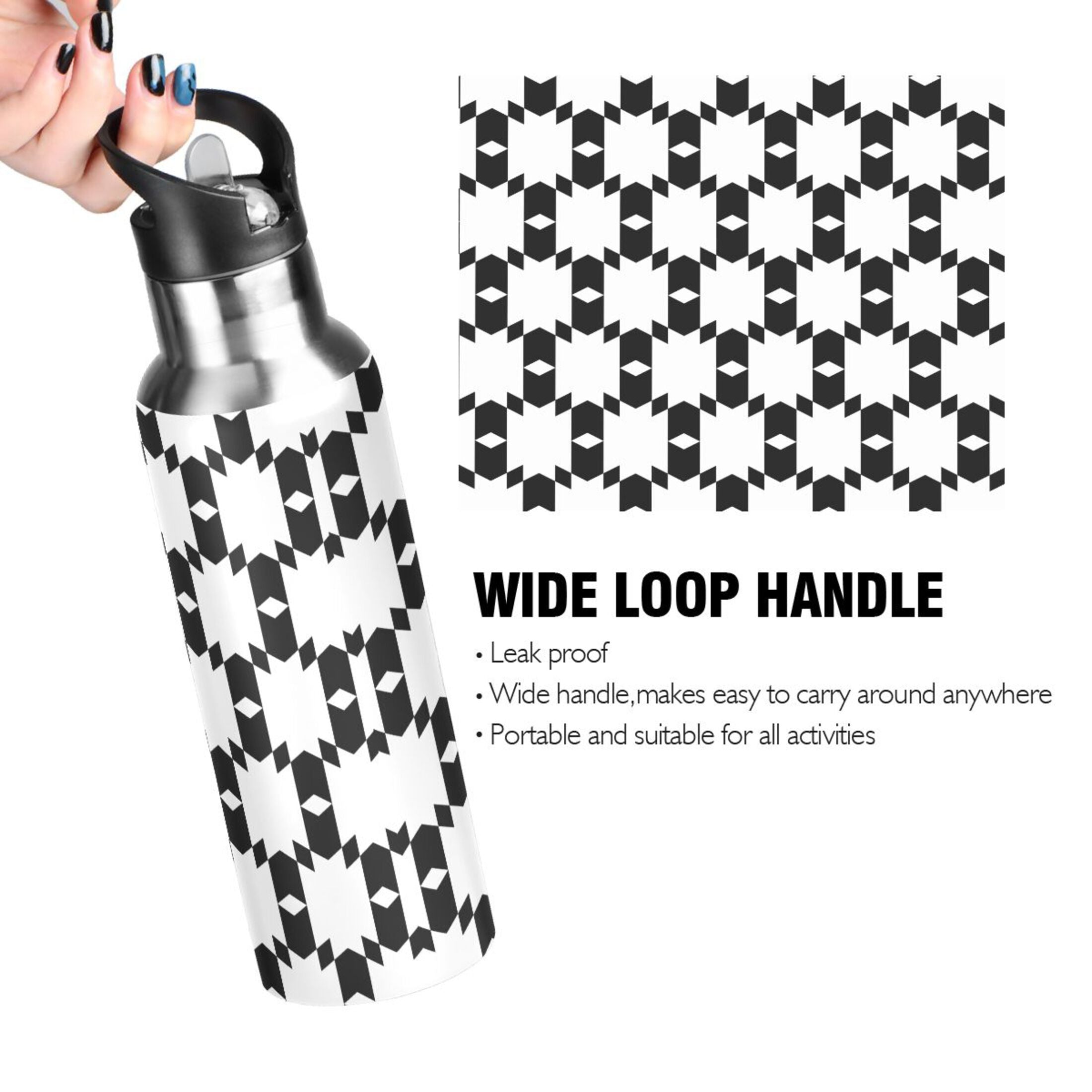 Black and White Insulated Stainless Steel Water Bottle with Straw Lid 20 oz Z644