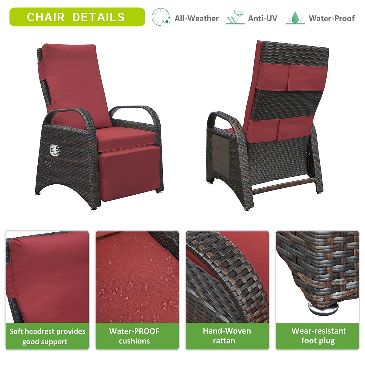 Red Rattan Reclining Armchair with Flip Table L220