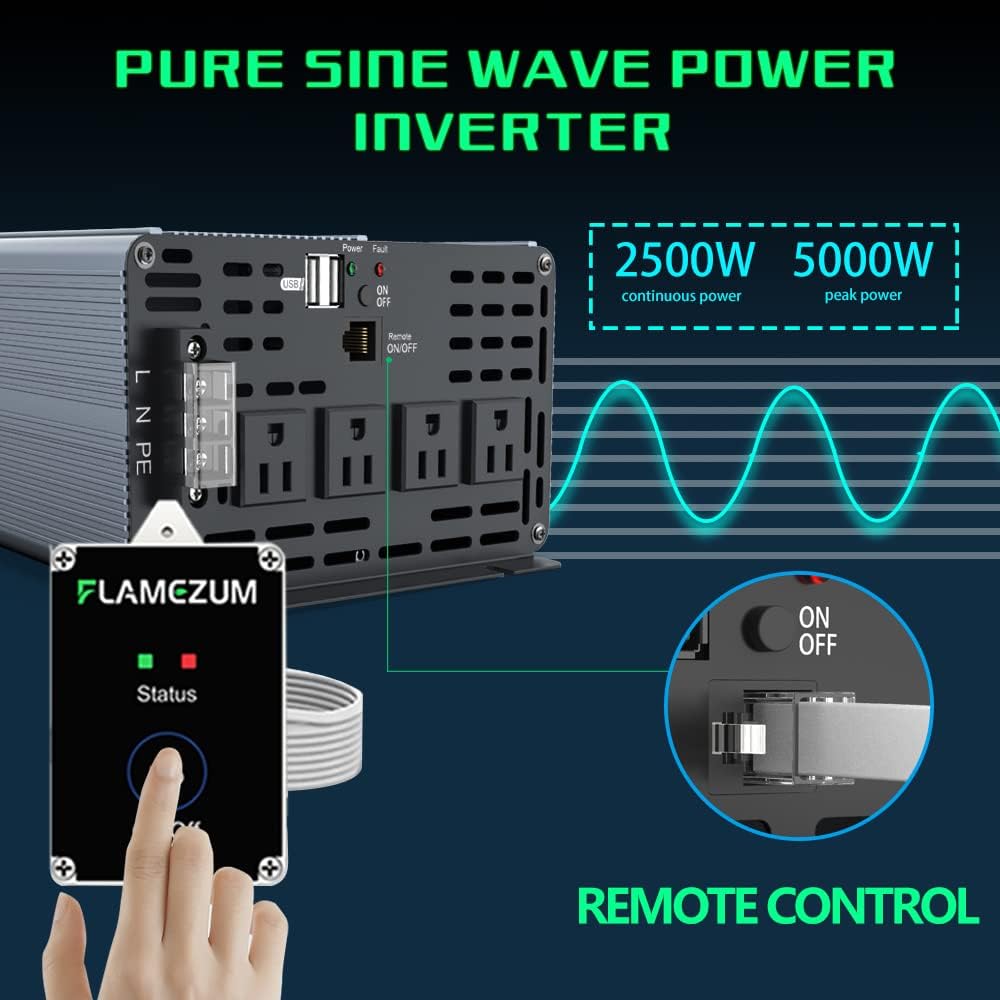 Pure Sine Wave Power Inverter 12V to 120V 2500 Watts Surge 5000 Watts with Remote Control and Starter Cables C482